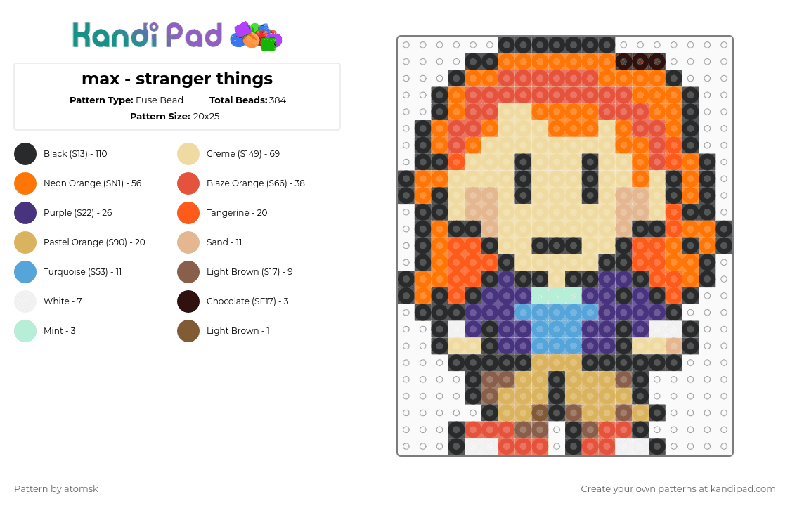 max - stranger things - Fuse Bead Pattern by atomsk on Kandi Pad - orange,red,beige
