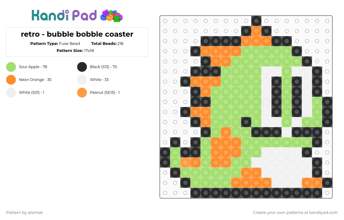 retro - bubble bobble coaster - Fuse Bead Pattern by atomsk on Kandi Pad - green, orange