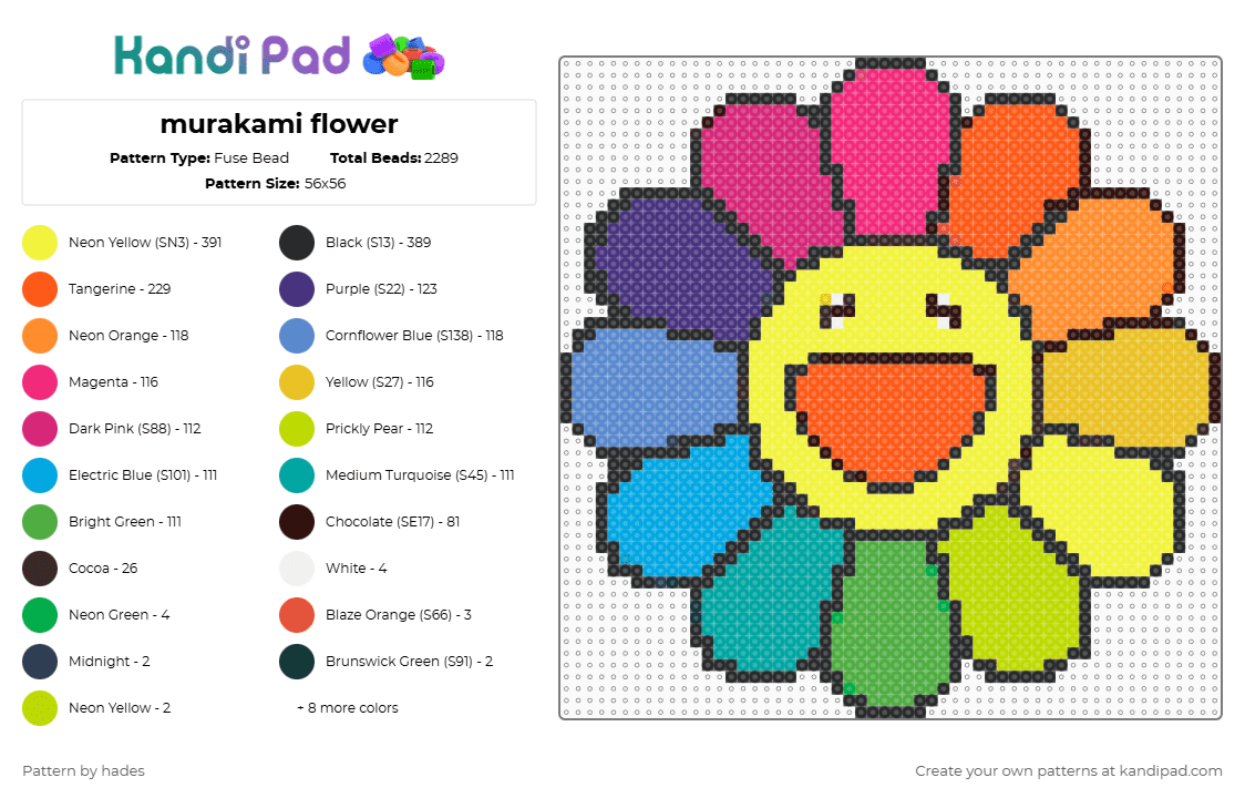 murakami flower - Fuse Bead Pattern by hades on Kandi Pad - green, orange, pink, yellow