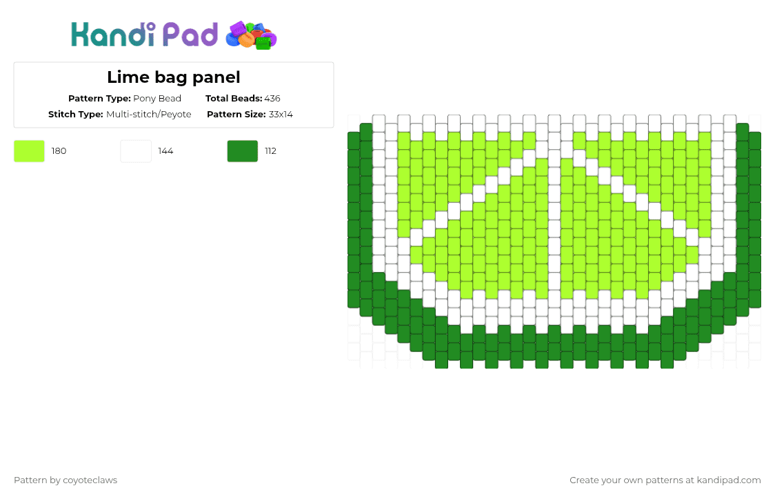 Lime bag panel - Pony Bead Pattern by coyoteclaws on Kandi Pad - green,white,lime,citrus,bag,purse