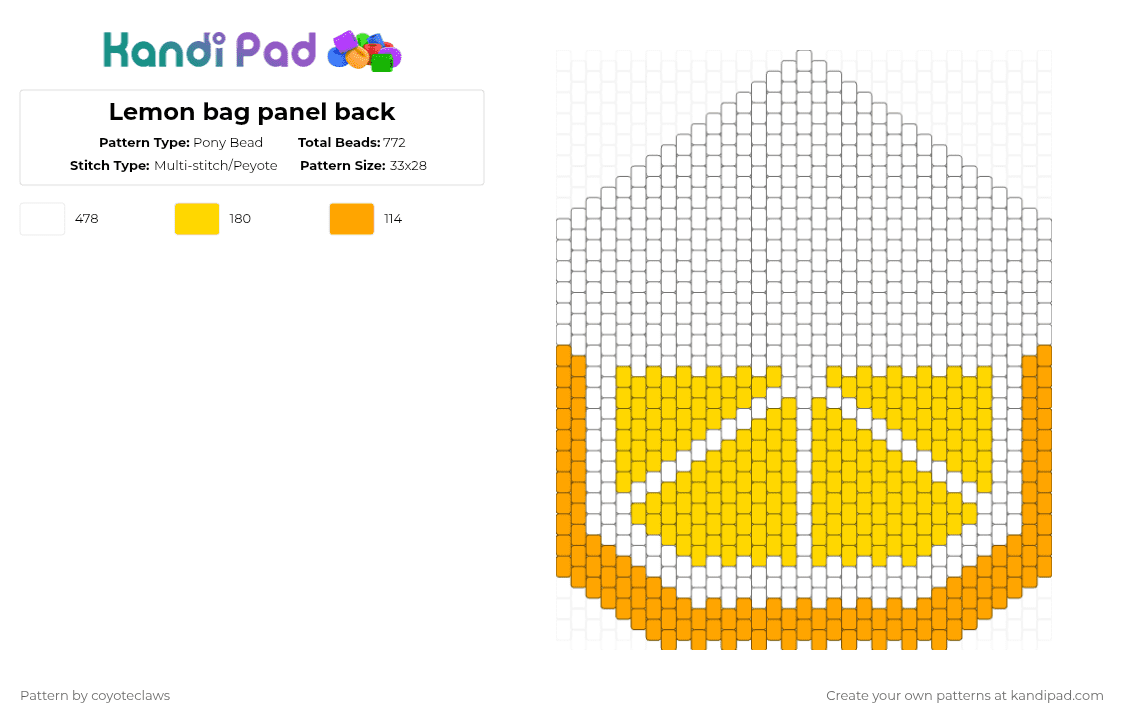 Lemon bag panel back - Pony Bead Pattern by coyoteclaws on Kandi Pad - white,orange,yellow,lemon,bag,purse,citrus