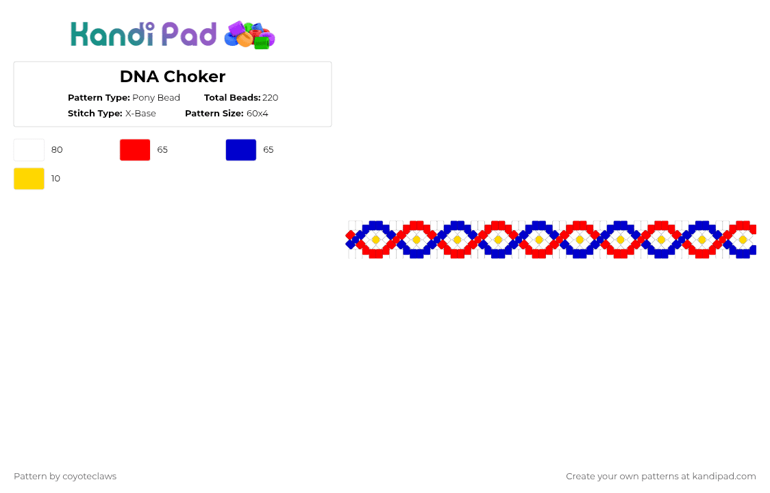 DNA Choker - Pony Bead Pattern by coyoteclaws on Kandi Pad - red,purple,yellow,blue,clown,circus,choker,dna,x base