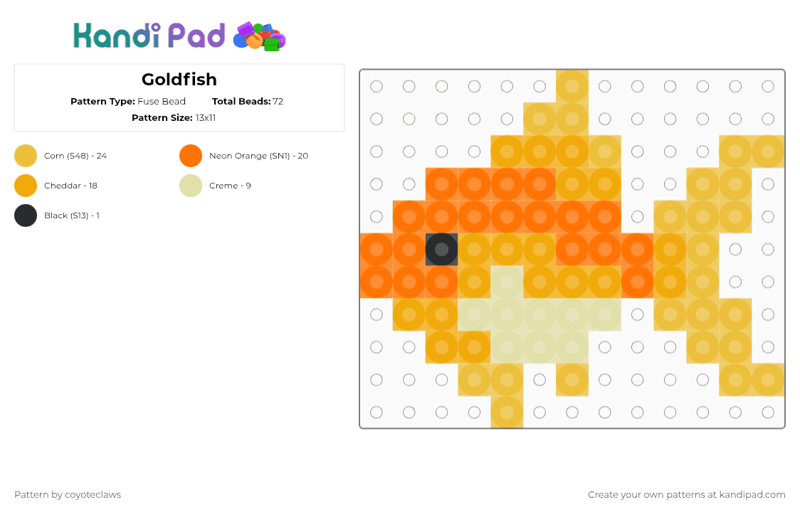 Goldfish - Fuse Bead Pattern by coyoteclaws on Kandi Pad - orange,yellow,fish,gold,animal,water,goldfish
