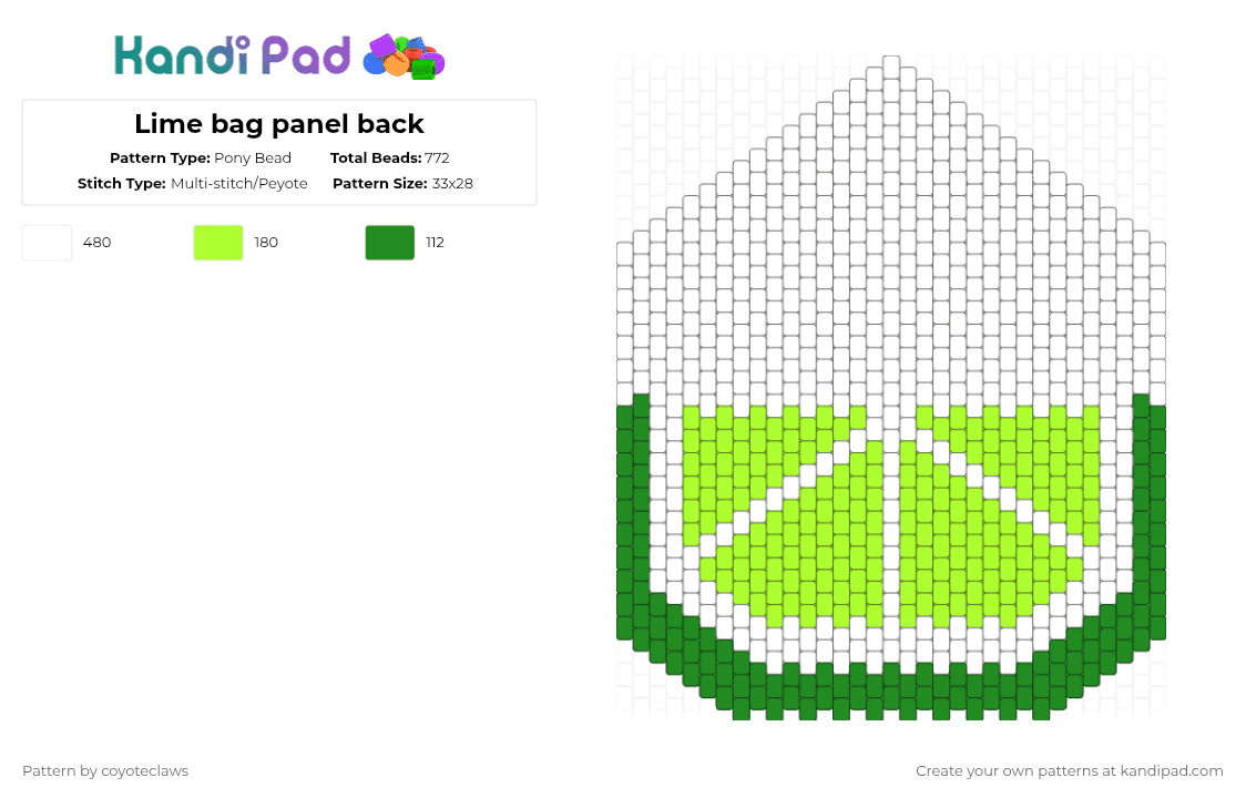 Lime bag panel back - Pony Bead Pattern by coyoteclaws on Kandi Pad - green,white,lime,bag,purse,citrus