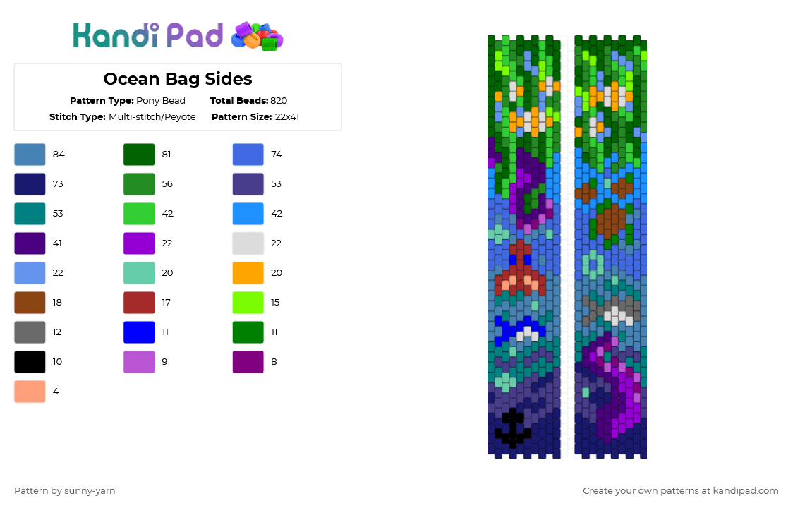 Ocean Bag Sides - Pony Bead Pattern by sunny-yarn on Kandi Pad - green,purple,blue