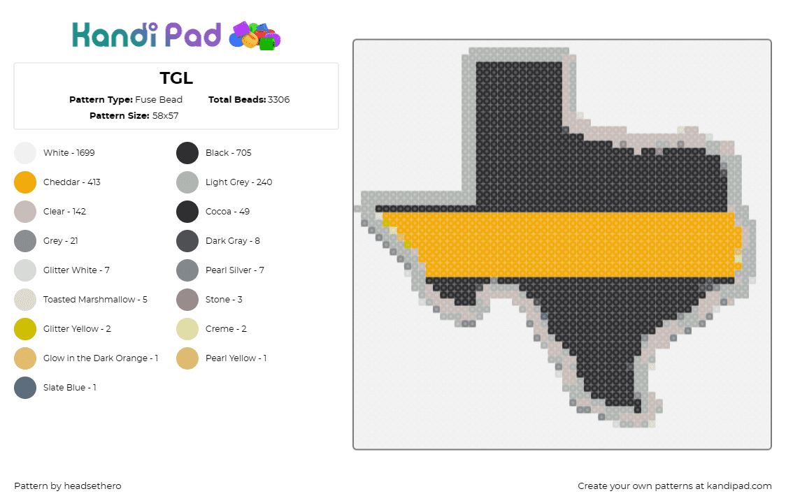 TGL - Fuse Bead Pattern by headsethero on Kandi Pad - tgl,texas,state,lone star,outline,geographic,regional,gold,black