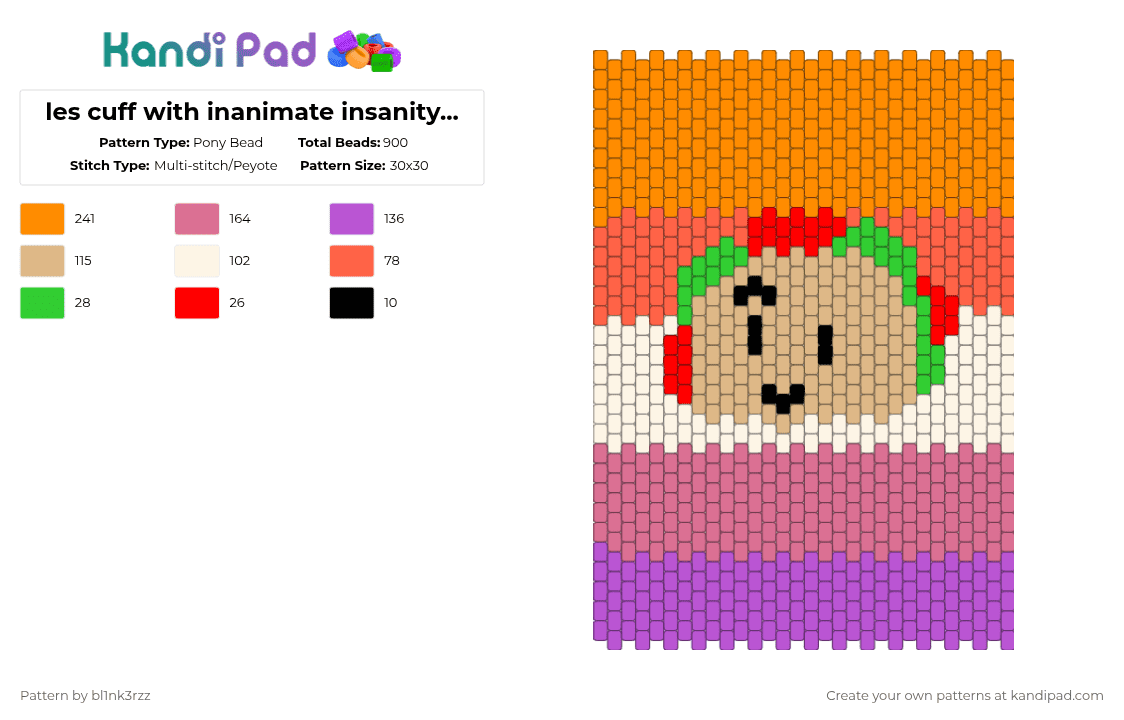 les cuff with inanimate insanity taco - Pony Bead Pattern by bl1nk3rzz on Kandi Pad - pink,orange