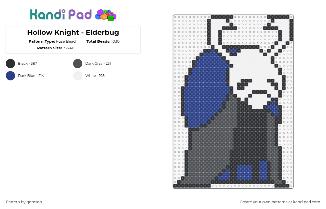 Hollow Knight - Elderbug - Fuse Bead Pattern by gemsap on Kandi Pad - elderbug,hollow knight,character,video game,blue,black,white
