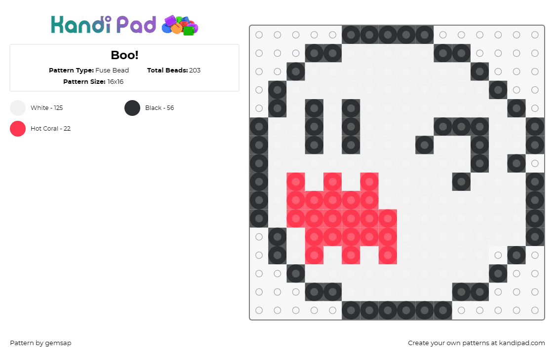 Boo! - Fuse Bead Pattern by gemsap on Kandi Pad - boo,mario,ghost,video game,character,nintendo,white