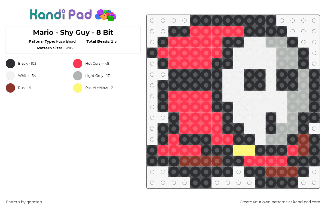 Mario - Shy Guy - 8 Bit - Fuse Bead Pattern by gemsap on Kandi Pad - shy guy,nintendo,mario,character,video game,red,white