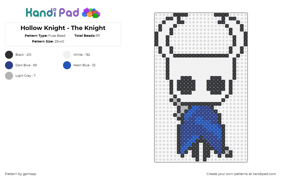 Hollow Knight - The Knight - Fuse Bead Pattern by gemsap on Kandi Pad - hollow knight,horns,character,video game,white,blue