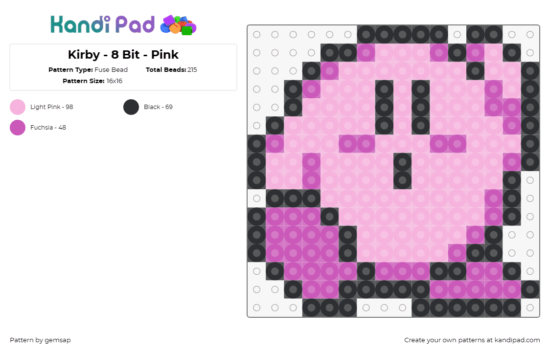 Kirby - 8 Bit - Pink - Fuse Bead Pattern by gemsap on Kandi Pad - kirby,nintendo,character,cute,video game,pink