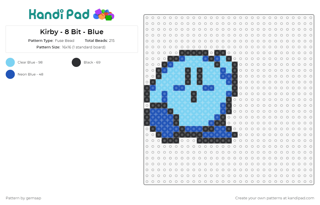 Kirby - 8 Bit - Blue - Fuse Bead Pattern by gemsap on Kandi Pad - kirby,nintendo,video games