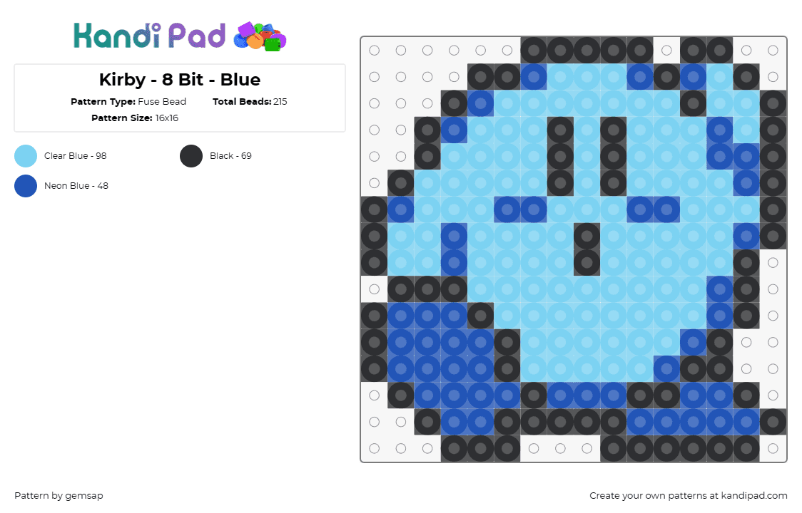 Kirby - 8 Bit - Blue - Fuse Bead Pattern by gemsap on Kandi Pad - kirby,nintendo,character,cute,video game,blue