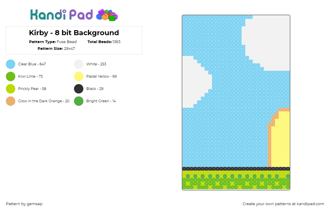 Kirby - 8 bit Background - Fuse Bead Pattern by gemsap on Kandi Pad - kirby,nintendo,landscape,panel,video game,light blue
