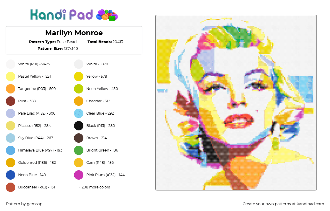 Marilyn Monroe - Fuse Bead Pattern by gemsap on Kandi Pad - marilyn monroe,portrait,colorful,abstract,art,classic,white,yellow