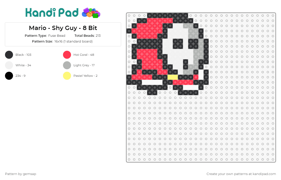 Mario - Shy Guy - 8 Bit - Fuse Bead Pattern by gemsap on Kandi Pad - mario,nintendo,shy guy,video games