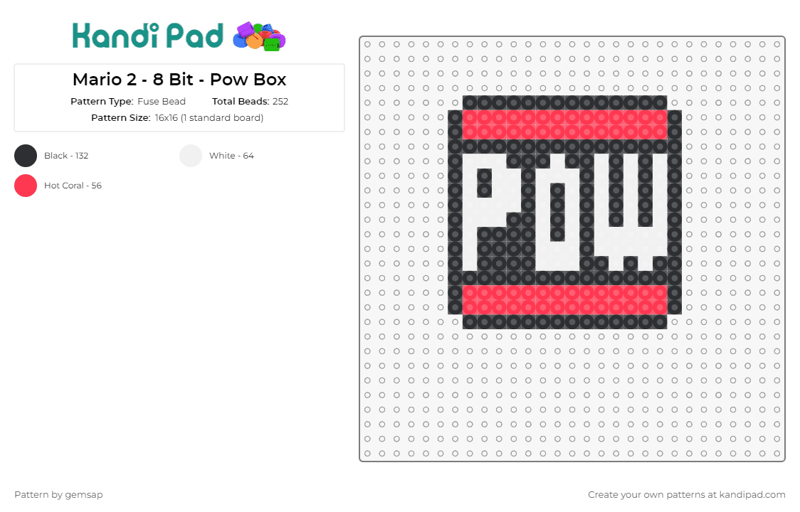 Mario 2 - 8 Bit - Pow Box - Fuse Bead Pattern by gemsap on Kandi Pad - mario,nintendo,pow,video games