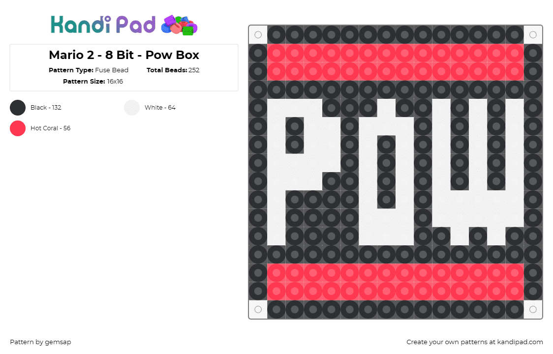 Mario 2 - 8 Bit - Pow Box - Fuse Bead Pattern by gemsap on Kandi Pad - mario,nintendo,pow,video games