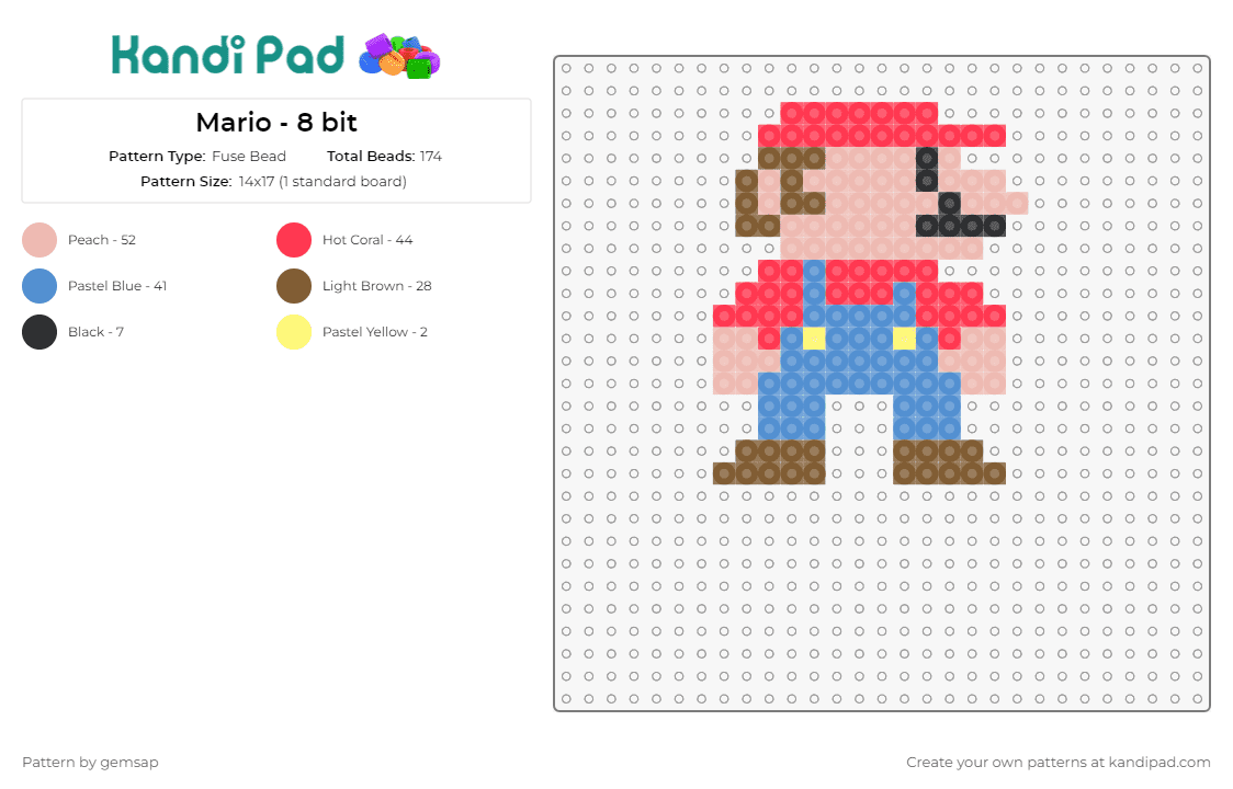 Mario - 8 bit - Fuse Bead Pattern by gemsap on Kandi Pad - mario,nintendo,video games