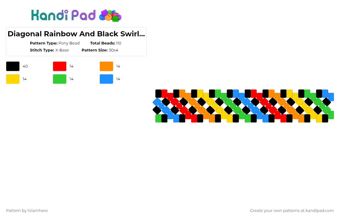 Diagonal Rainbow And Black Swirl Cuff - Pony Bead Pattern by hiiamhere on Kandi Pad - orange,green,colorful