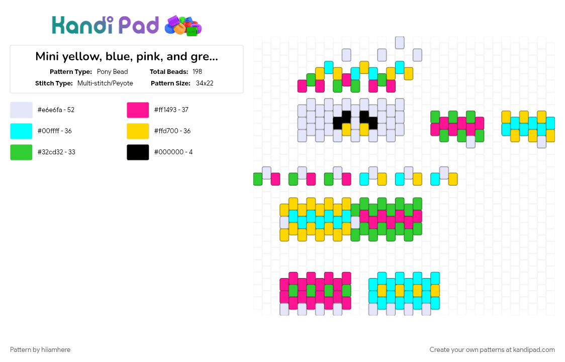 Mini yellow, blue, pink, and green clown - Pony Bead Pattern by hiiamhere on Kandi Pad - light blue, pink, yellow