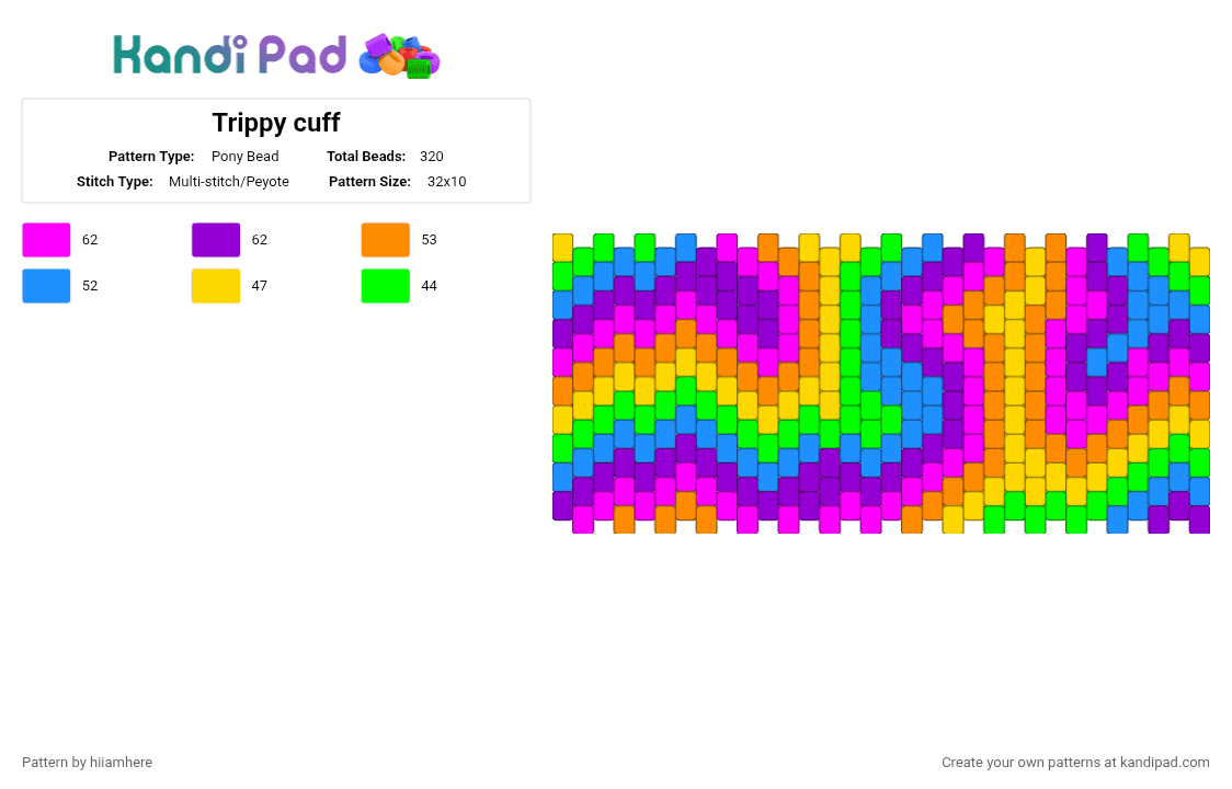 Trippy multi stitch cuff - Pony Bead Pattern by hiiamhere on Kandi Pad - orange,pink,purple,light blue