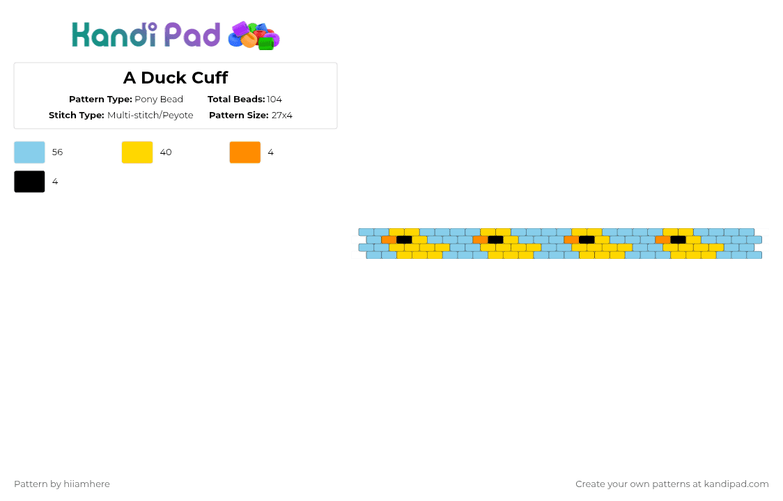 A Duck Cuff - Pony Bead Pattern by hiiamhere on Kandi Pad - yellow,light blue