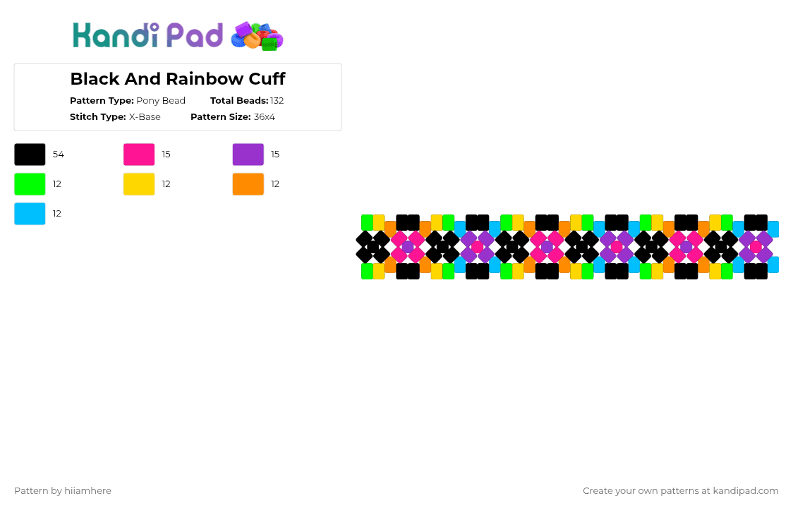 Black And Rainbow Cuff - Pony Bead Pattern by hiiamhere on Kandi Pad - yellow,pink,light blue,colorful