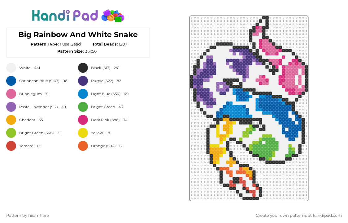 Big Rainbow And White Snake - Fuse Bead Pattern by hiiamhere on Kandi Pad - white,blue,pink,purple