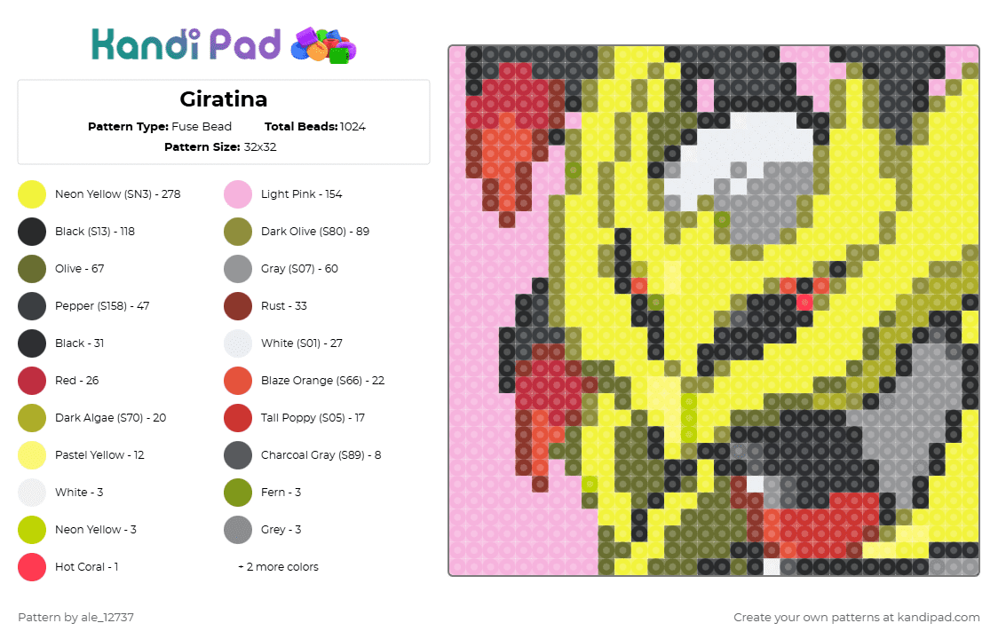 Giratina - Fuse Bead Pattern by ale_12737 on Kandi Pad - pink,gold,yellow,cotddragons,pokemon