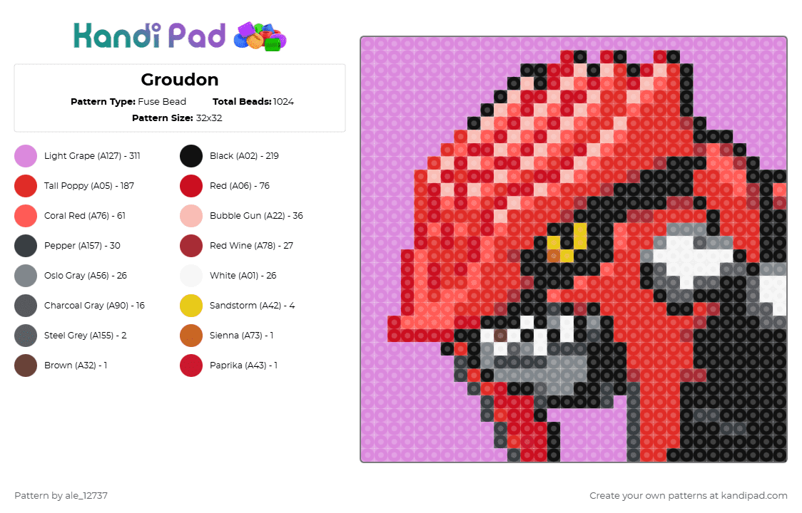 Groudon - Fuse Bead Pattern by ale_12737 on Kandi Pad - pink,red,pokemon