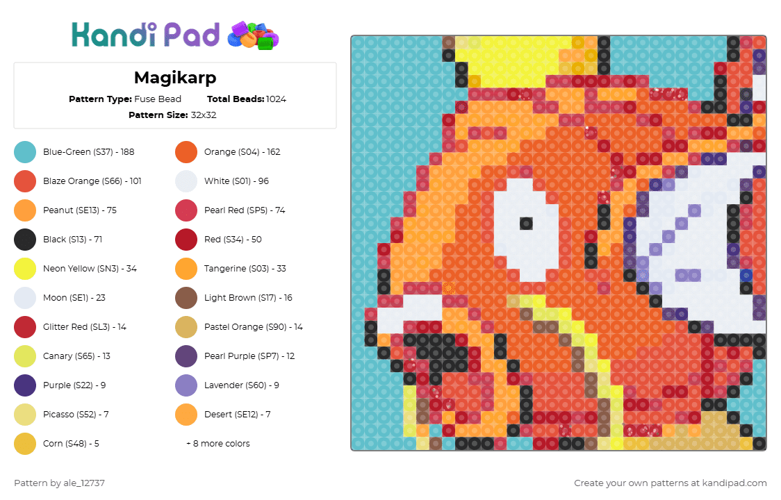 Magikarp - Fuse Bead Pattern by ale_12737 on Kandi Pad - teal,orange,red,pokemon