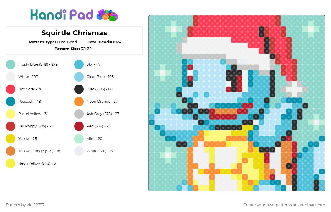 Squirtle Chrismas - Fuse Bead Pattern by ale_12737 on Kandi Pad - light blue,red,pokemon