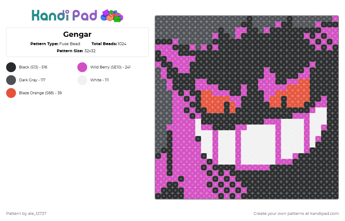 Gengar - Fuse Bead Pattern by ale_12737 on Kandi Pad - black,pink,pokemon