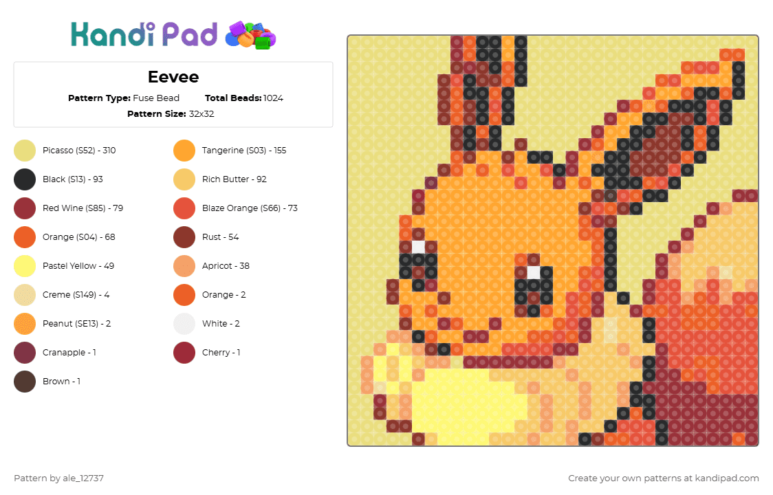 Eevee - Fuse Bead Pattern by ale_12737 on Kandi Pad - yellow,red,orange,pokemon