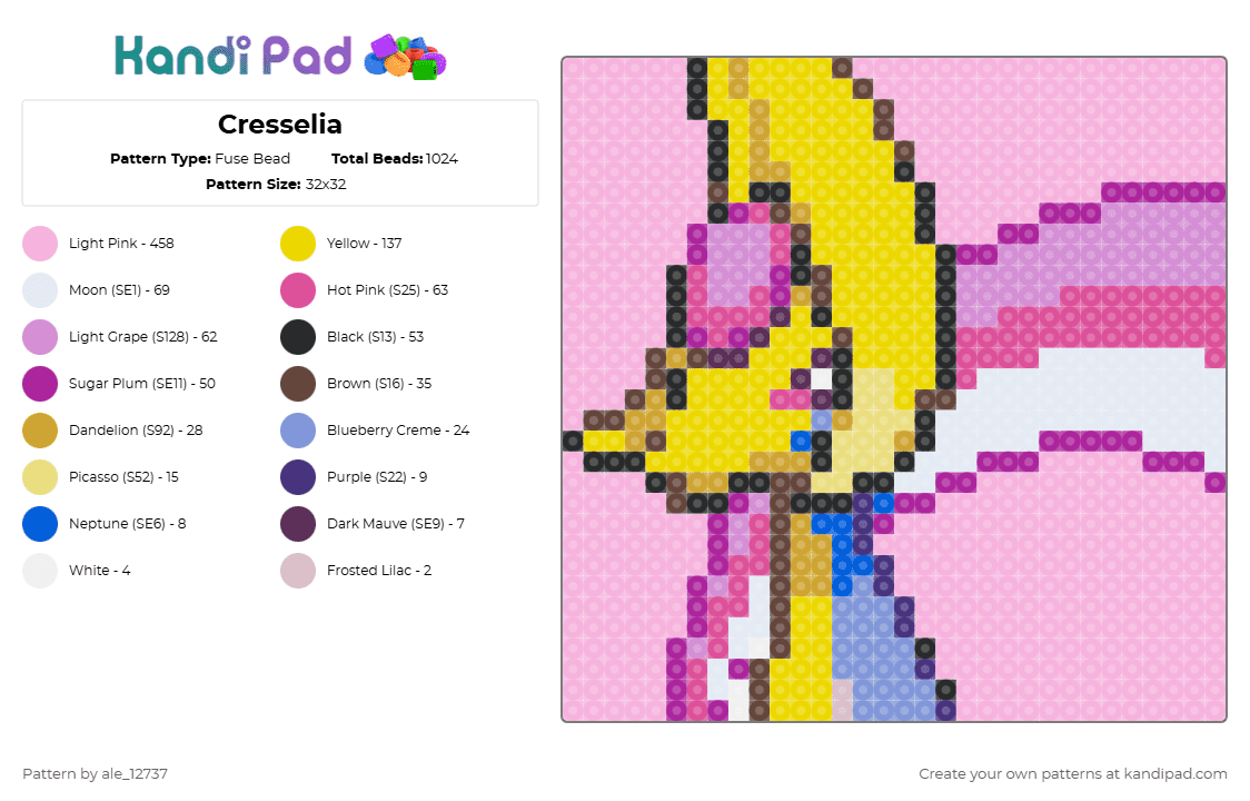 Cresselia - Fuse Bead Pattern by ale_12737 on Kandi Pad - pink, pokemon, yellow