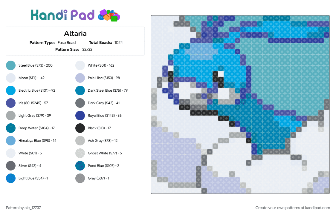 Altaria - Fuse Bead Pattern by ale_12737 on Kandi Pad - light blue, pink, pokemon, purple, teal