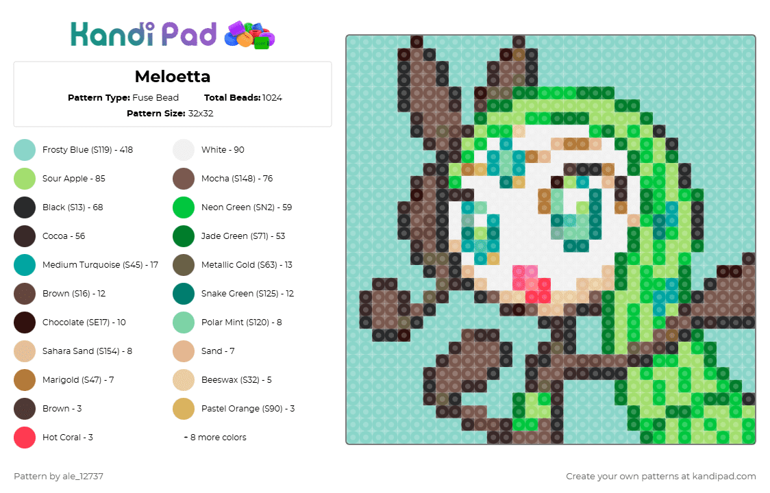 Meloetta - Fuse Bead Pattern by ale_12737 on Kandi Pad - green, light blue, tan