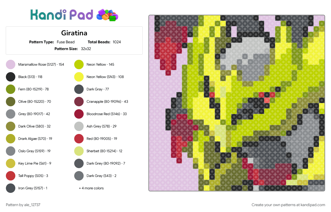 Giratina - Fuse Bead Pattern by ale_12737 on Kandi Pad - cotddragons, gold, pink, pokemon, yellow