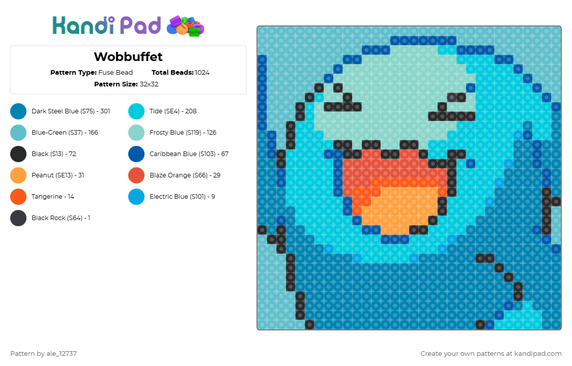 Wobbuffet - Fuse Bead Pattern by ale_12737 on Kandi Pad - teal,light blue,pokemon