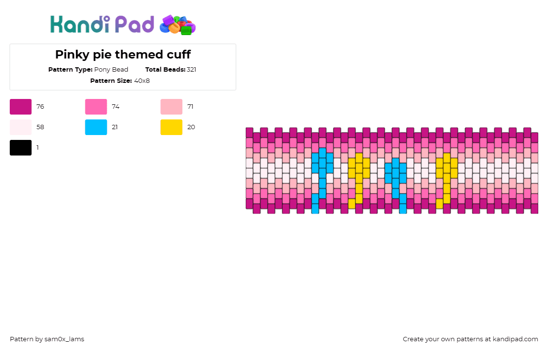 Pinky pie themed cuff - Pony Bead Pattern by sam0x_lams on Kandi Pad - pinky pie,balloons,my little pony,cuff,party,pink,yellow,light blue