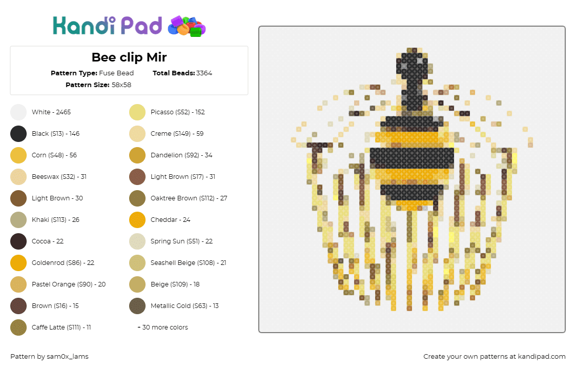 Bee clip Mir - Fuse Bead Pattern by sam0x_lams on Kandi Pad - bee,hair clip,elegant,playful,buzzing,gold,black