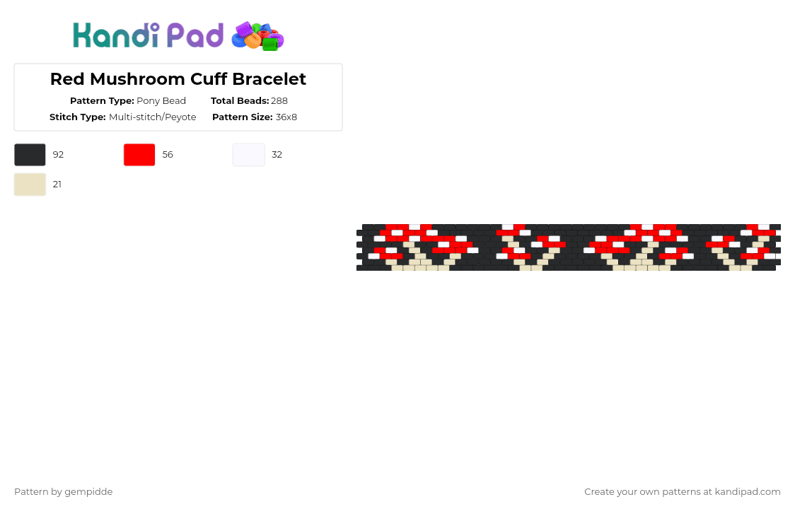 Red Mushroom Cuff Bracelet (Short) - Pony Bead Pattern by gempidde on Kandi Pad - black,red,beige,shroom,nature,plant,drug,cuff,bracelet,earth,food