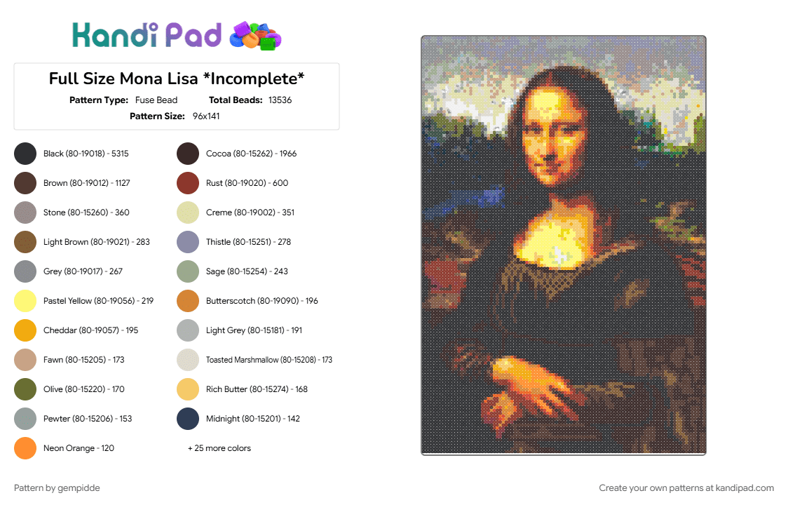 Full Size Mona Lisa *Incomplete* - Fuse Bead Pattern by gempidde on Kandi Pad - art, beige, black, colorful, cotdartgalleries, gray, history, italian, leonardo da vinci, louvre, painting, red, smile, yellow