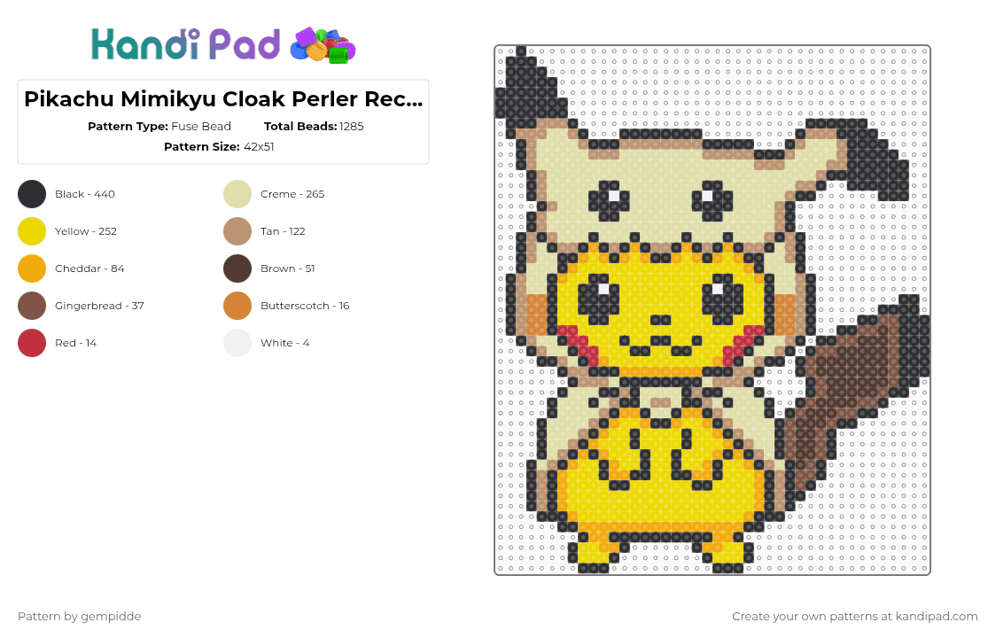 Pikachu Mimikyu Cloak Perler Recolor - Fuse Bead Pattern by gempidde on Kandi Pad - yellow,pokemon,electric,gaming,character