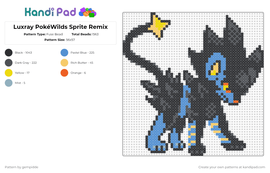 Luxray PokéWilds Sprite Remix - Fuse Bead Pattern by gempidde on Kandi Pad - black,gray,light blue,pokemon,gaming,electric,character,pokewild