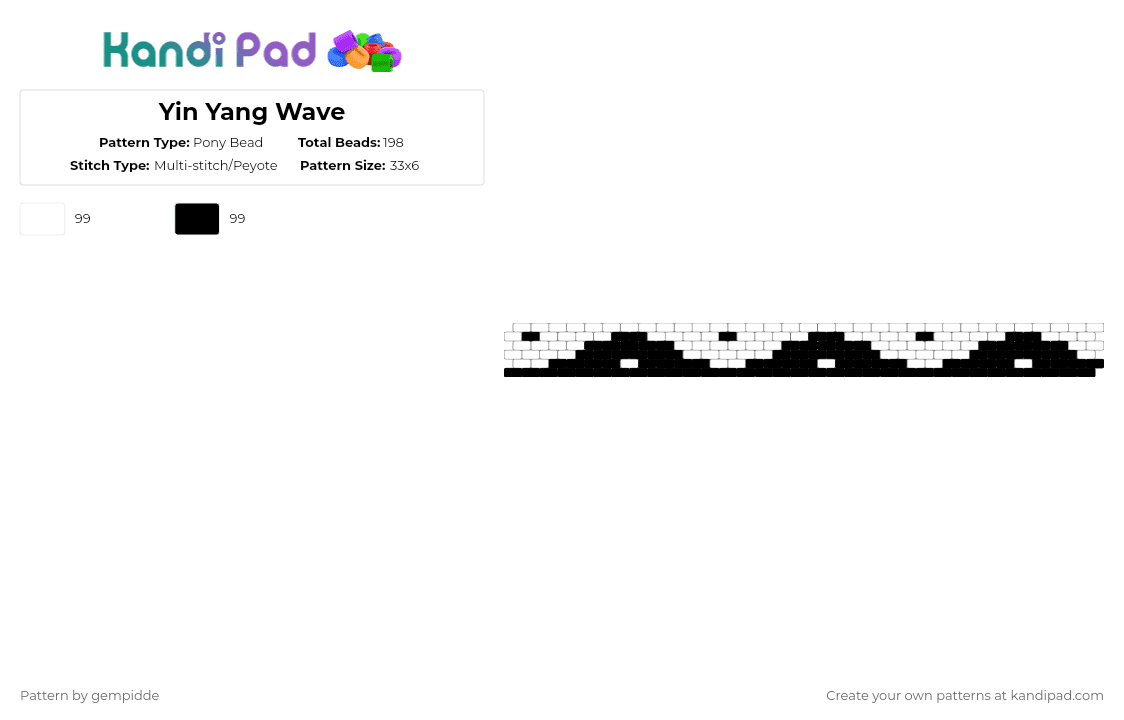 Yin Yang Wave - Pony Bead Pattern by gempidde on Kandi Pad - balance, black, calm, peace, religious, spiritual, symbol, white
