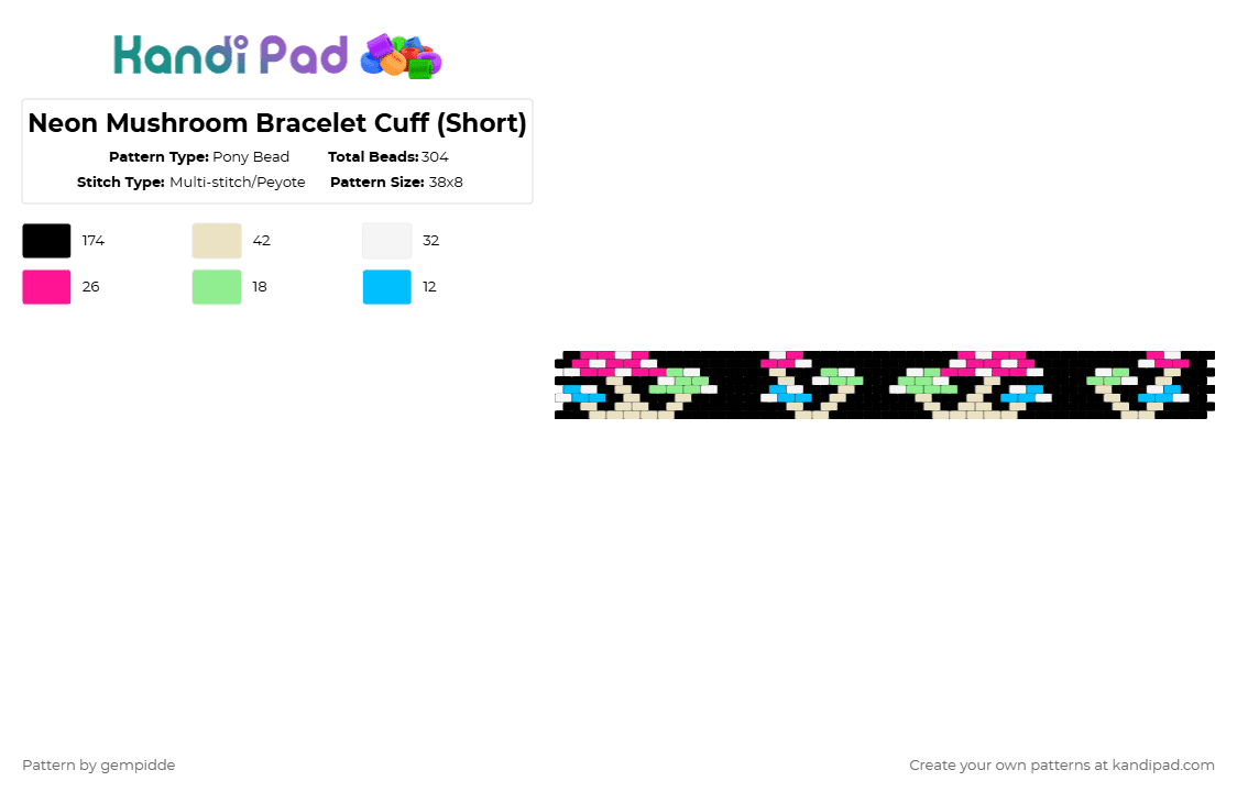 Neon Mushroom Bracelet Cuff (Short) - Pony Bead Pattern by gempidde on Kandi Pad - black,beige,pink,nature,shroom,drug,plant,earth,cuff,bracelet,food