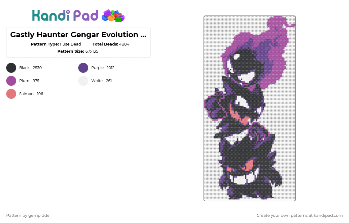 Gastly Haunter Gengar Evolution Trio - Fuse Bead Pattern by gempidde on Kandi Pad - black,purple,pink,gastly,haunter,gengar,pokemon,gaming,character,ghost